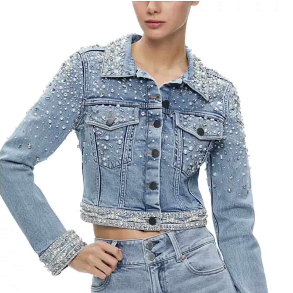 Alice + Olivia Jeans Womens Nelson Embellished Denim Jacket In Blue